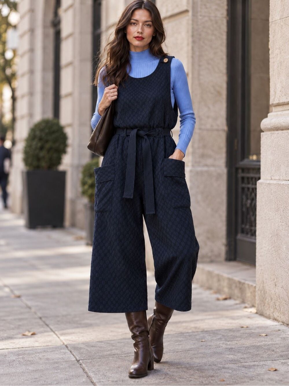 Free People L Navy Textured Cotton Wide Leg Cropped Jumpsuit Belt Pockets